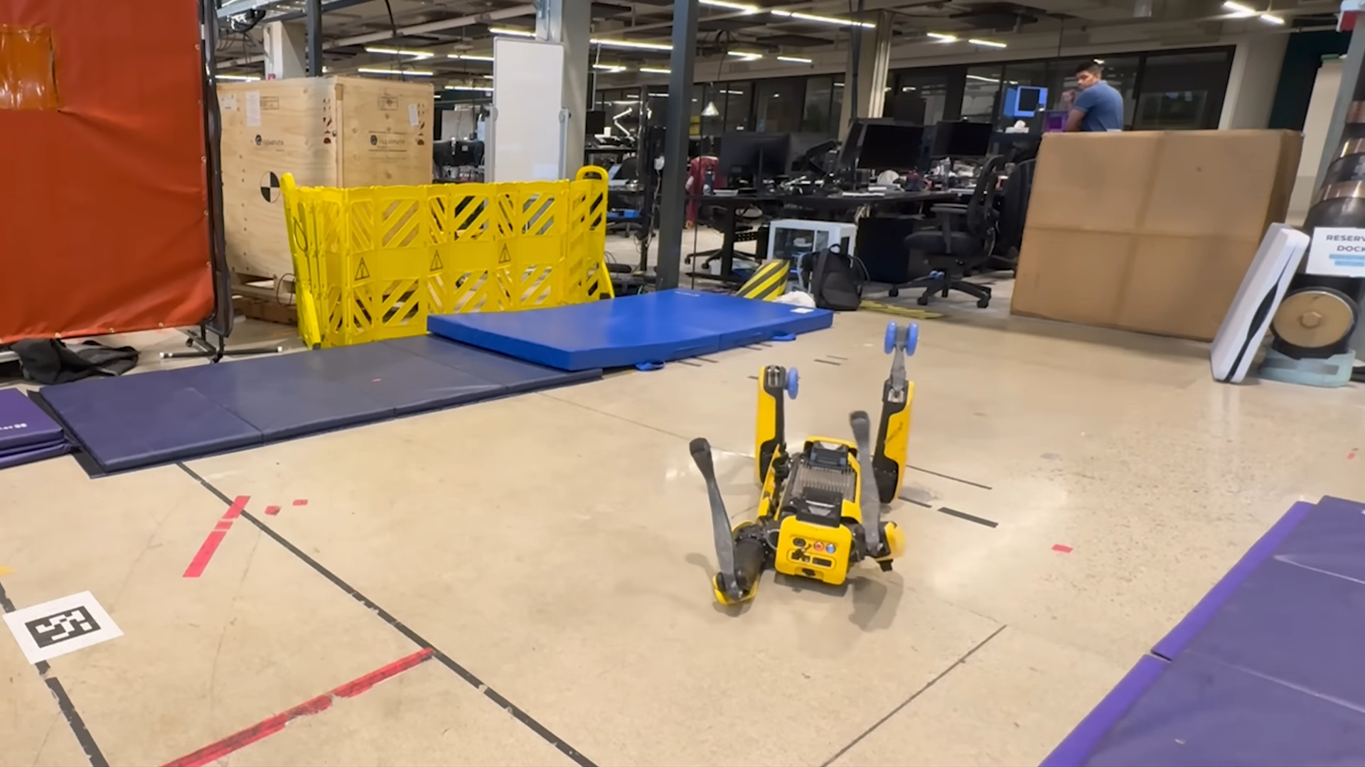 A quadruped robot upside down