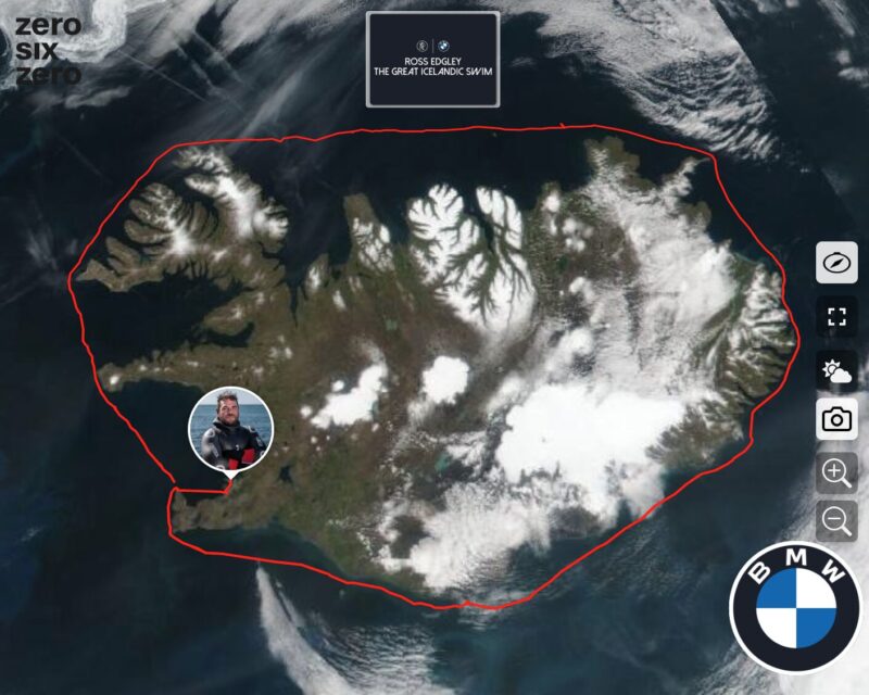 A satellite image showing Edgley's route.