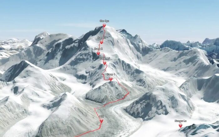 Route map marked in red on a 3D image of Cho Oyu's NW side. 