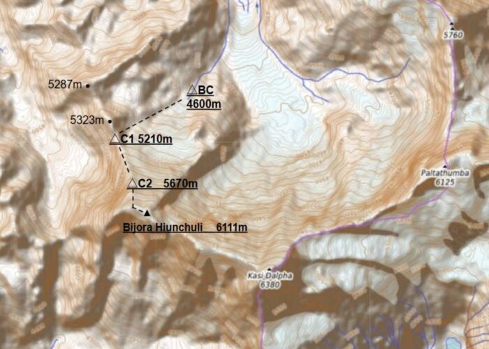 A map of peaks with a route marked by the Himalaya Camp 2025 team.