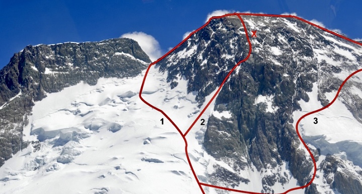 The west side of Broad Peak above 7,000m. (3) is the Iranian route of 2013, (x) marks the location of Aidin Bozorgi's last Thuraya call. 