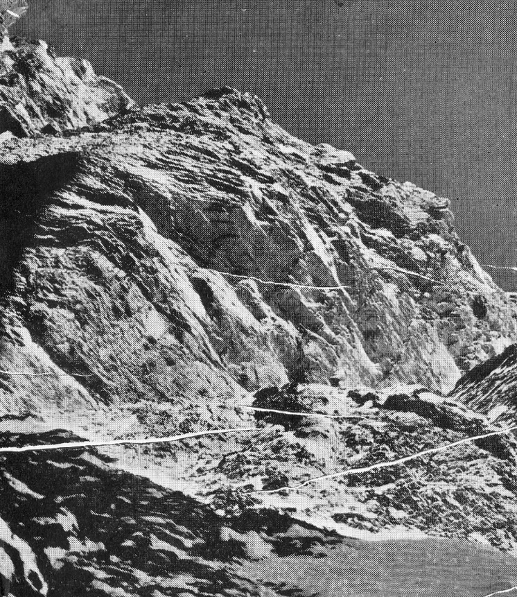 Across the camp leading out of the left hand gully through the notorious Rock Band into the upper snowfield.