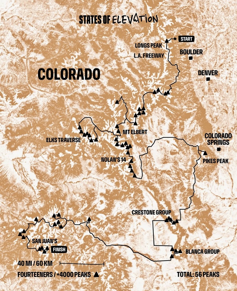 The Colorado peaks climbed and connected by Kilian Jornet. 