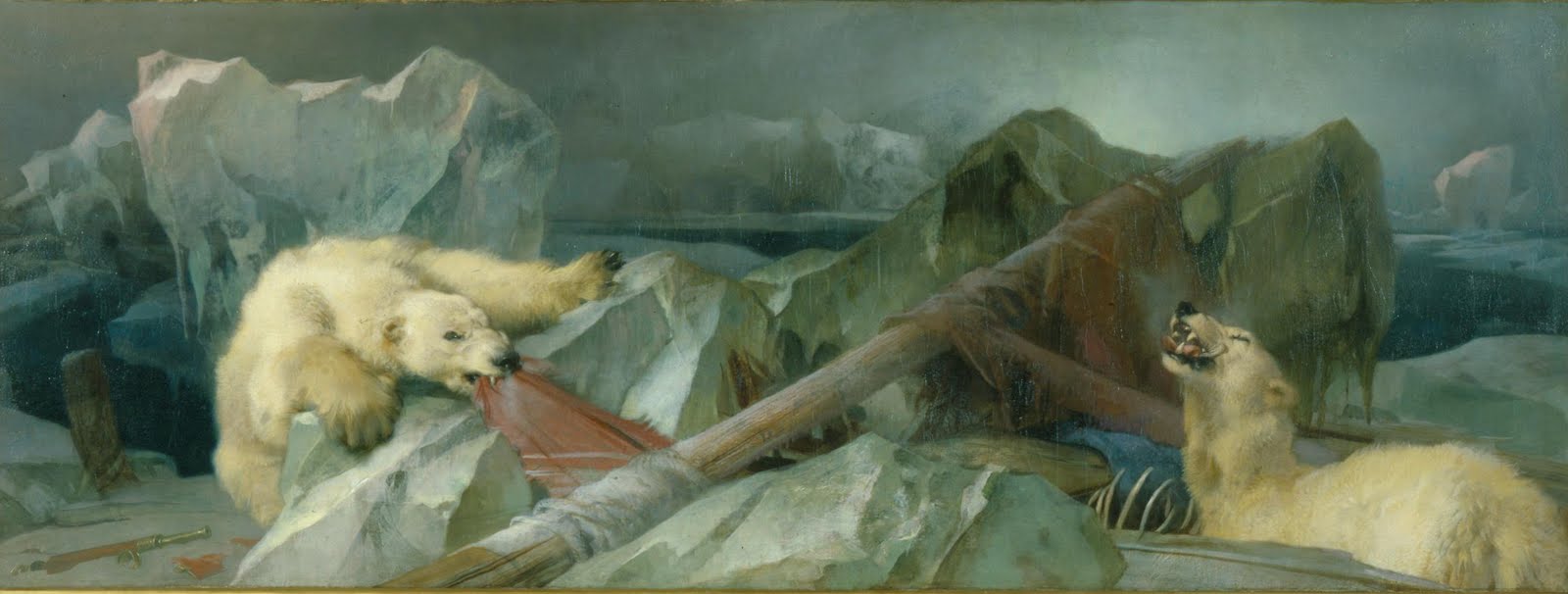 Two polar bears devouring human corpses