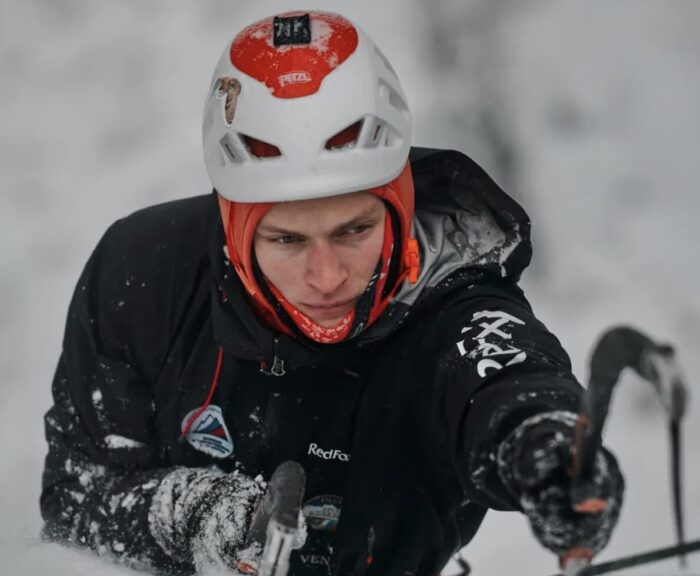 Alexander Ryndyk climbing on ice.