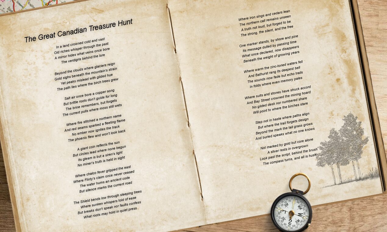 A digitally edited image of an open book, compass and maps