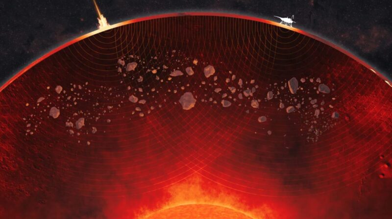 An artist’s drawing of the debris from ancient impacts scattered through Mars' mantle.