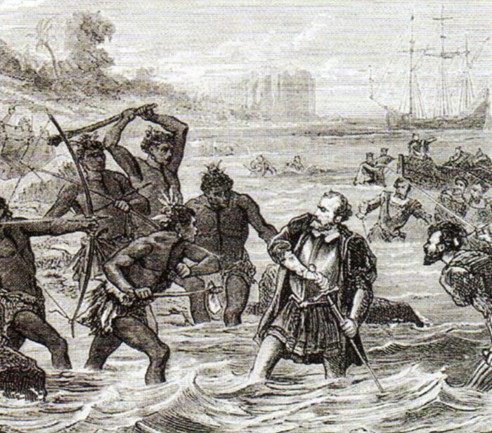  Datu Lapulapu's warriors killing Magellan with clubs and spears.