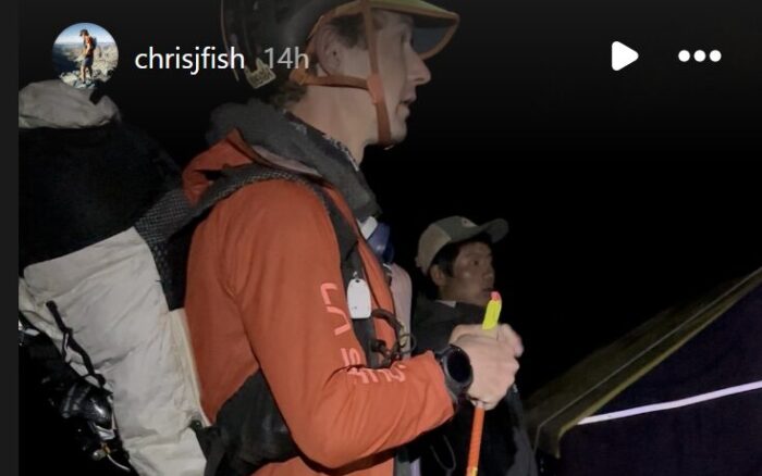 OG story with text and a photo of tyler leaving Base Camp in the dark.