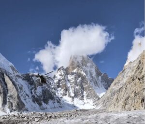 One of the helicopters that evacuated the sick Russian climber from base camp.
