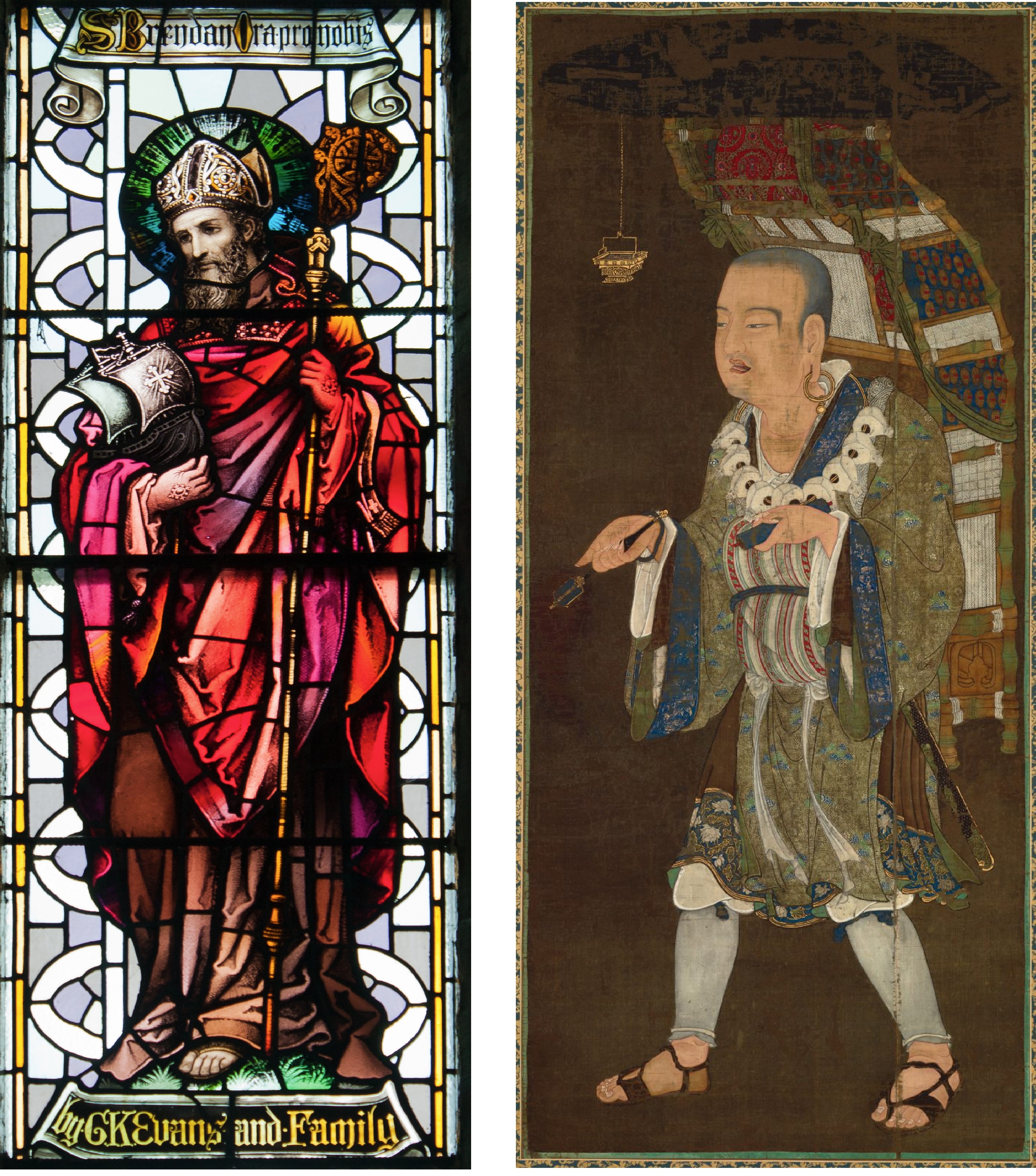 A stained glass portrait of a man, left, and a painting of a different man, right
