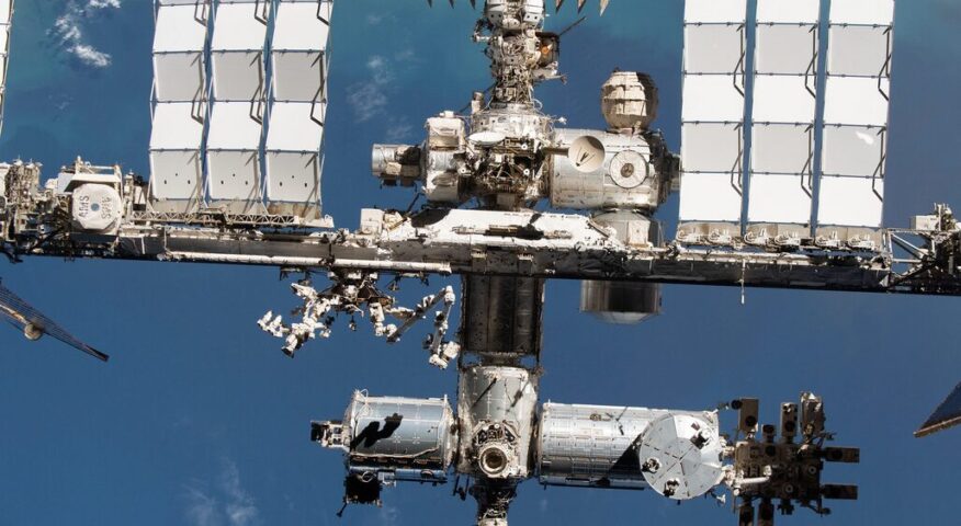 The International Space Station, seen from an orbiting spacecraft.