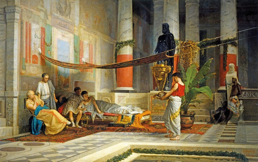 A painting of ancient romans lounging about
