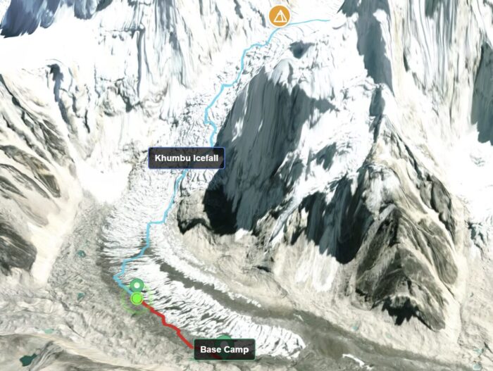 Andrews' tracker locating him shortly above base camp on a 3D map of the south side of Everest.