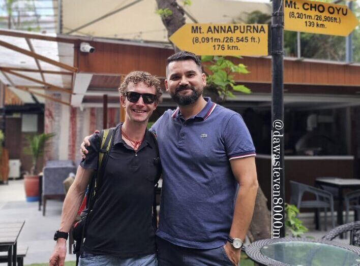 Tyler Andrews and Dawa Steven Sherpa of Asian Trekking in Kathmandu on September 4.