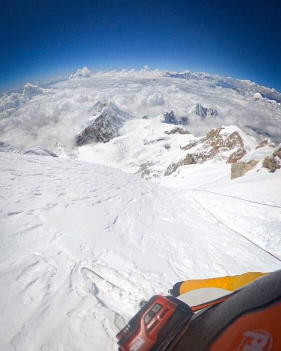 A steep snow ramp as seen from a skier on Manaslu.