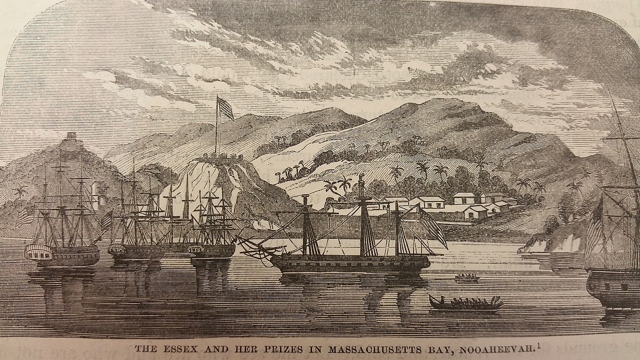 The USS Essex in the harbor of Nuku Hiva