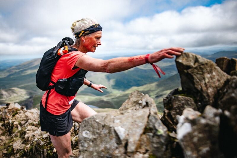 Nicky Spinks (57) on Crib Goch, racing the Snowdon Skyline in 2024 where she finished 2nd female.
