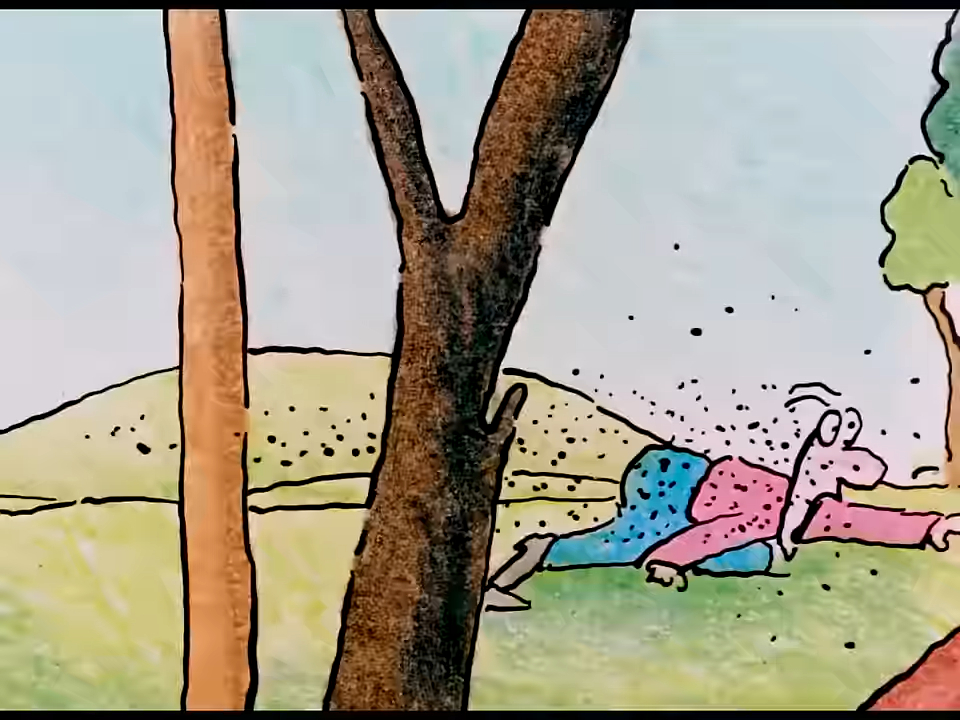 cartoon of flies swarming around a man