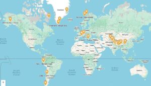 a world map with significant climbs marked.
