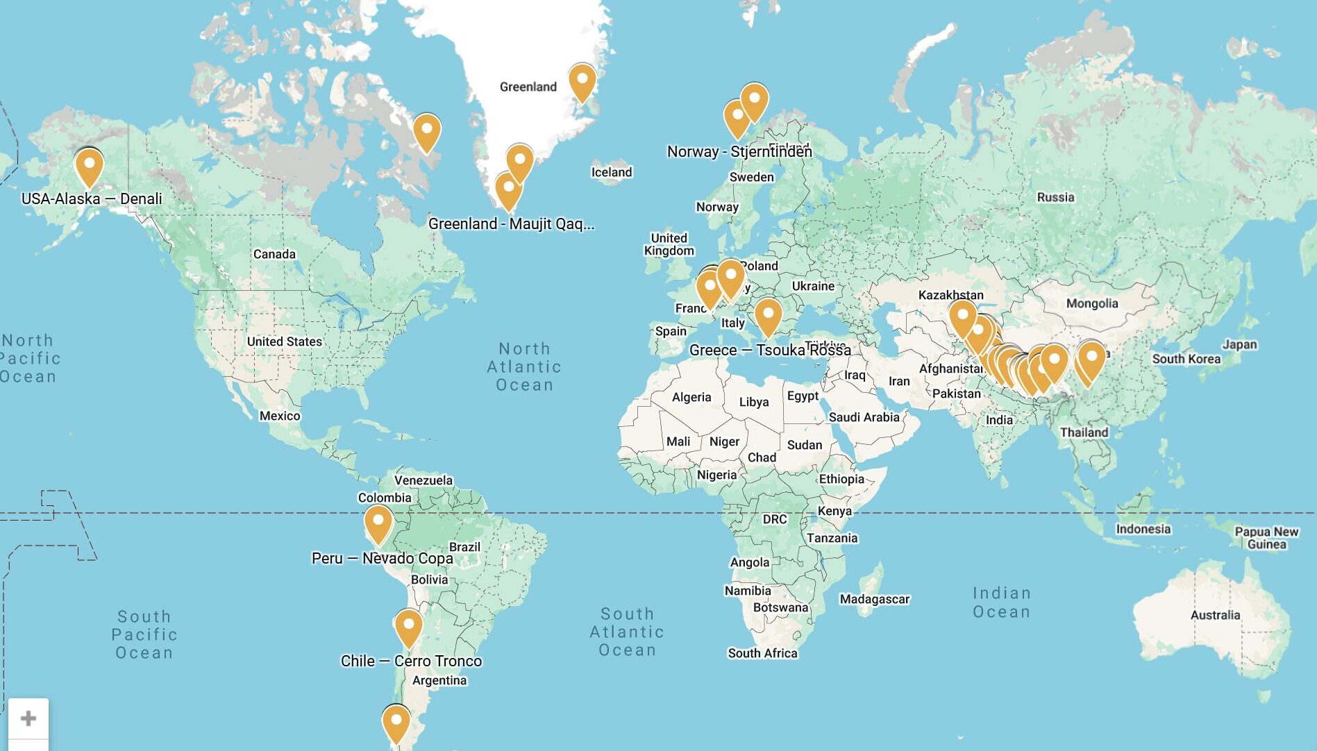 a world map with significant climbs marked.