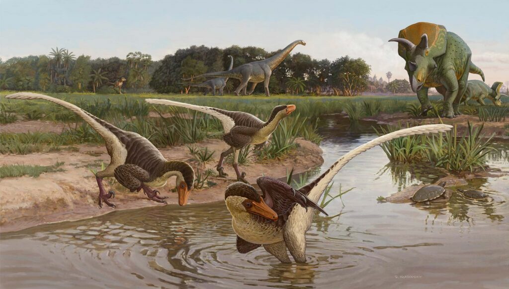 Paleo art of raptors, sauropods