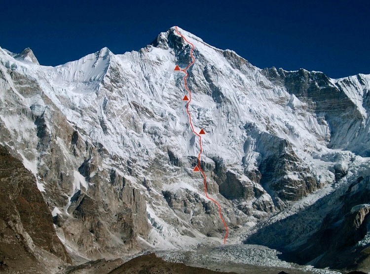 The 2009 direct Southeast Face route climbed by Denis Urubko and Boris Dedeshko.