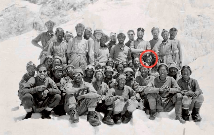 Kanchha Sherpa, marked in red circle, during the 1953 Everest expedition, with his team.