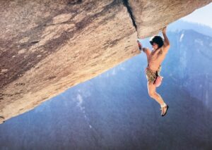 Wolfgang Gullich making the first free solo ascent of Separate Reality in Yosemite.