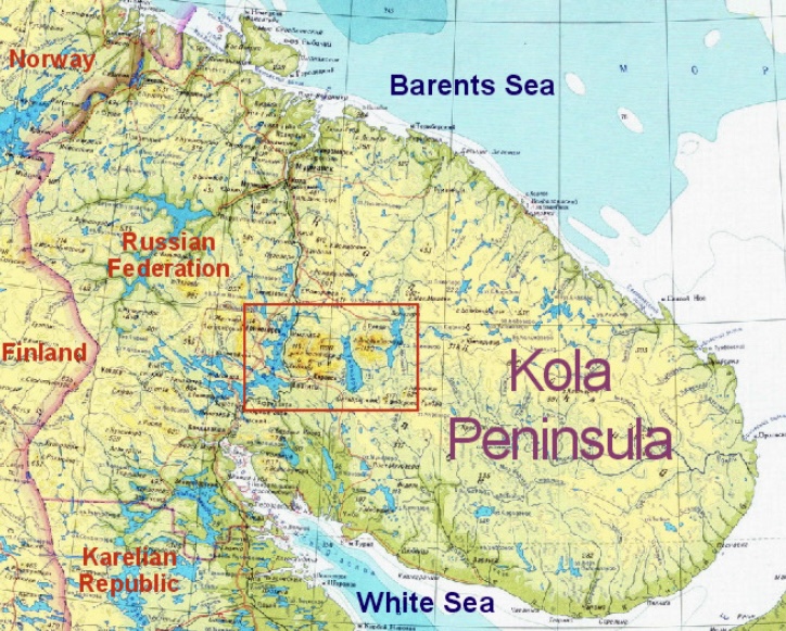 Map of the Kola Peninsula and where the 1973 tragedy took placee, marked with red.