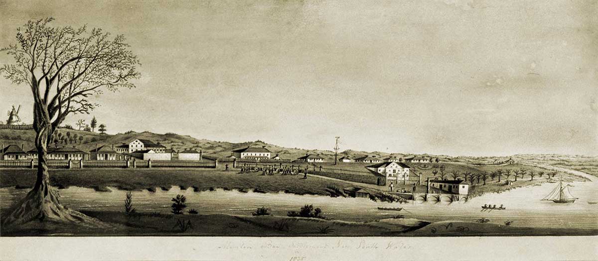 Watercolour of a 19th century settlement