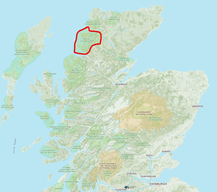 A map depicting Assynt in northwest Scotland