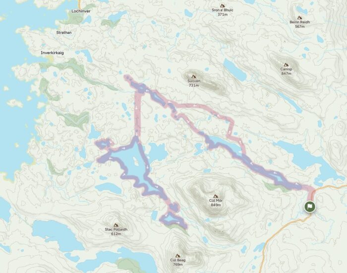 The route weaving through the heart of Assynt. There are larger lochs visible to the south, and out of picture to the north. A longer range packrafting journey could string together all of these inland lochs, sea lochs and mountains over several weeks