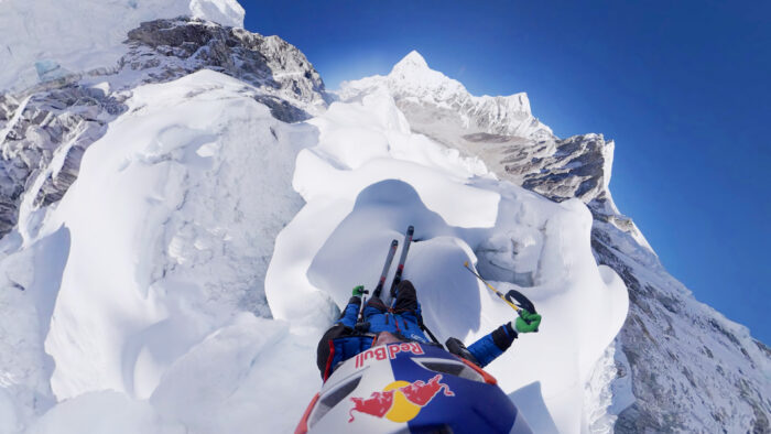 Shot by Bargiel's head-cam as he skis among the crevasses and seracs of the Khumbu Icefall.