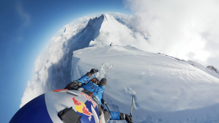 Bargiel skiing on Everest's snowy ridge, as seen from his headcam.