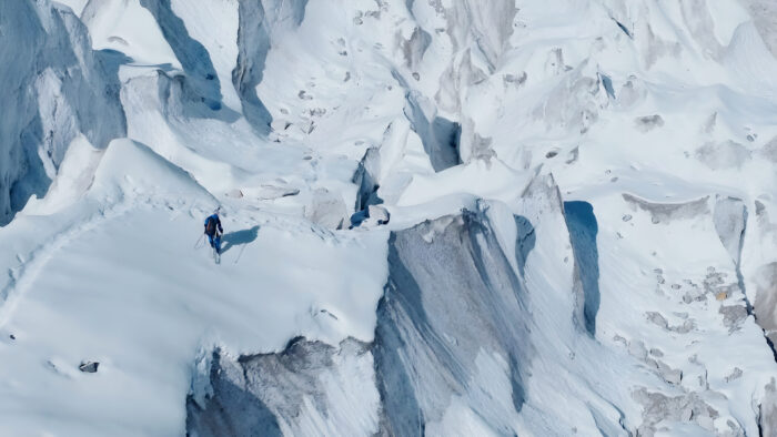 Bargiel at the Khumbu Icefallm skiing on top of a serac.
