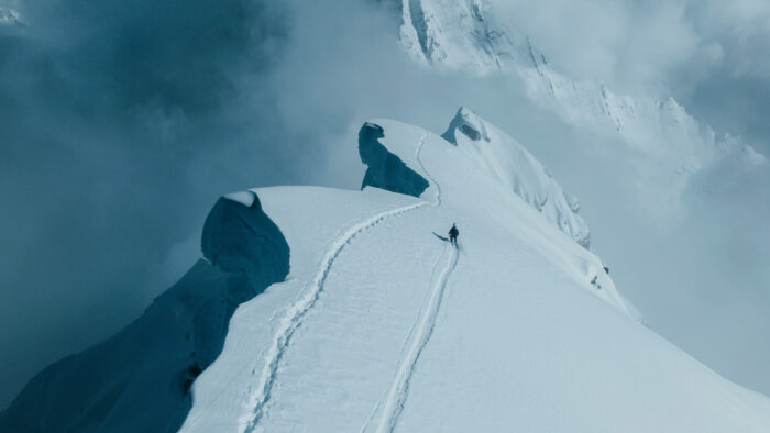 Bargiel leaves the trace of his skis on a snow-covred Hillary Step on Everest.