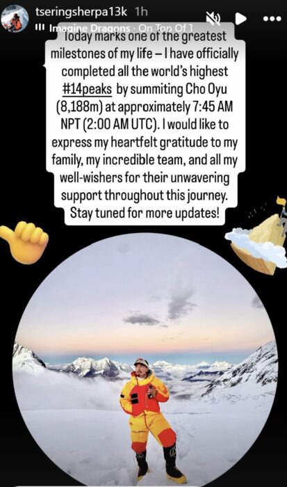 IG story with text and a photo of Chhiring Sherpa. 
