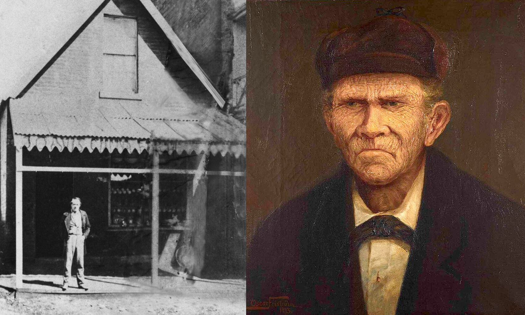 A man in front of a shop, left, and portrait of an old man, right