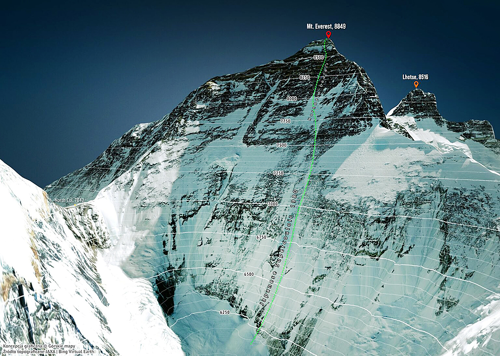 line of Morrison ski descent marked ona photo of Everest North face.