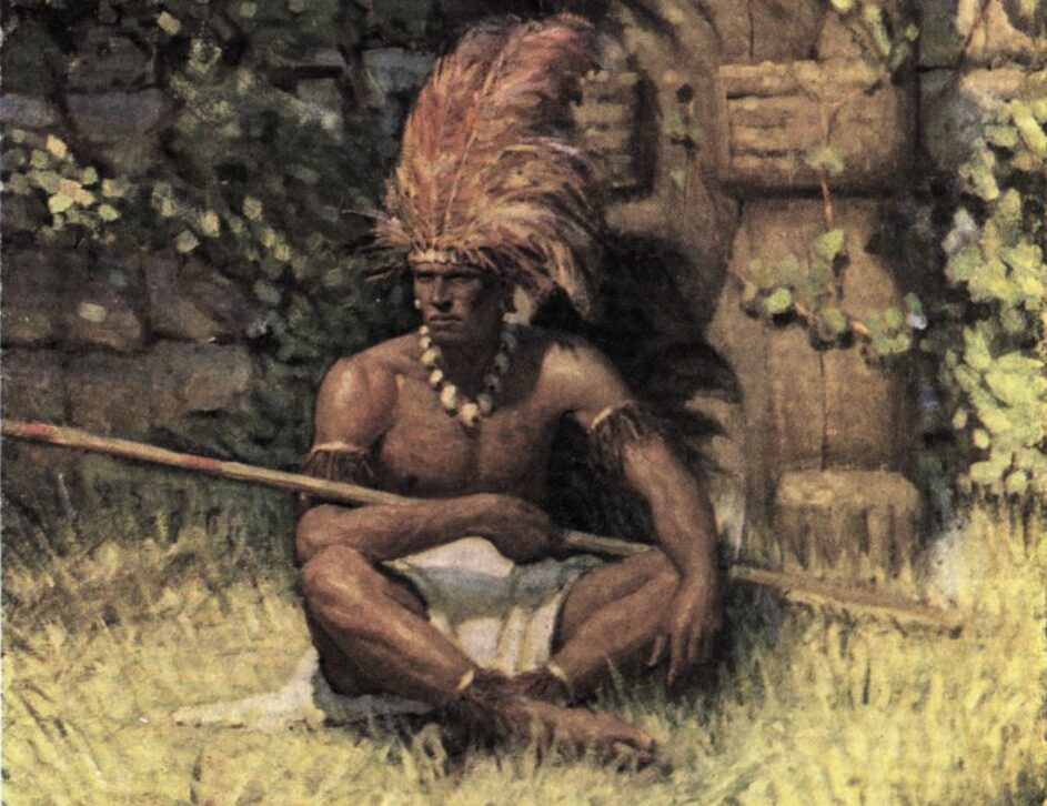 A seated man wearing an elaborate headdress, and holding a spear