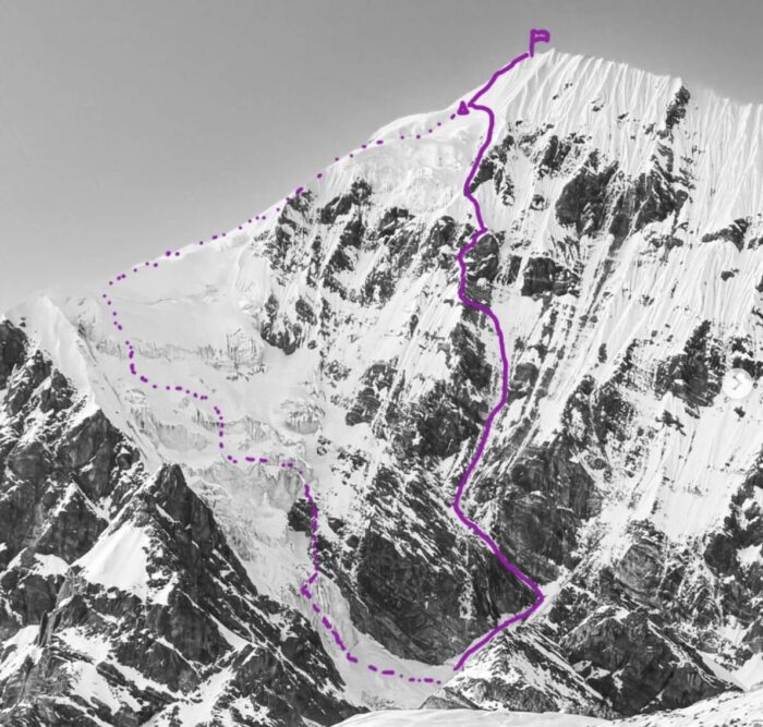 A climbing route marked ona photo of the south face of Numbur, Rolwaling, Nepal.