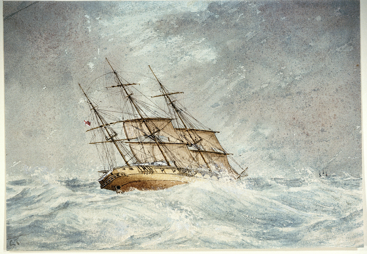 A tall ship in a gale