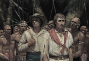 illustration of two white men with south seas islanders
