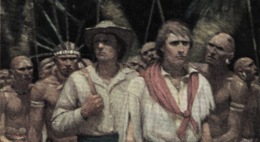 illustration of two white men with south seas islanders
