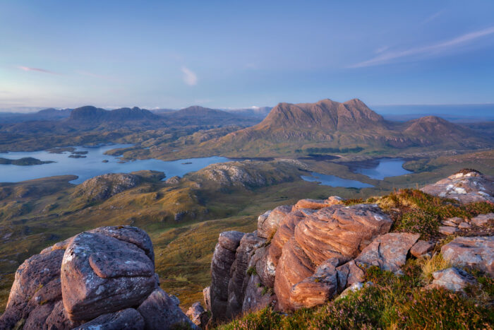 A view across the mountains and lochs of Assynt from a mountain top