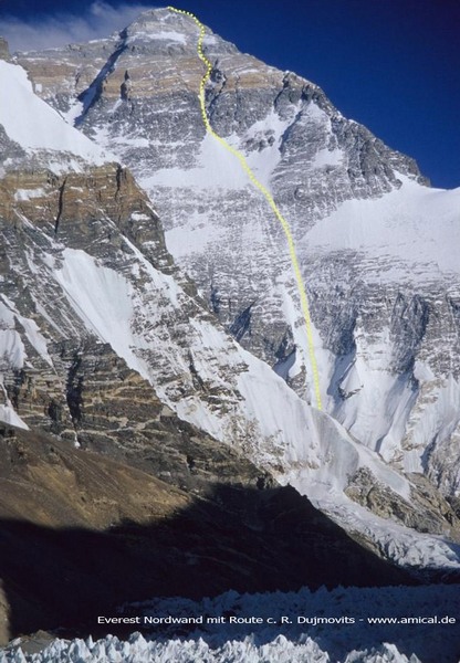 The Superdirect route to Everest north face marked in yellow.