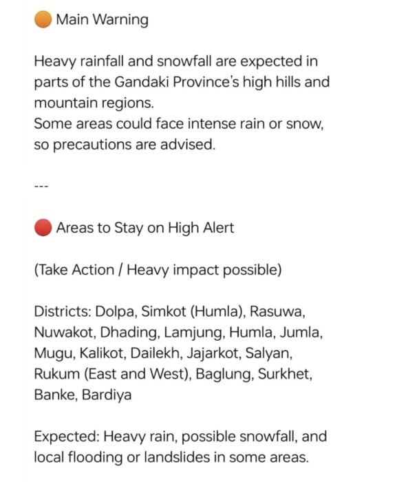 Text with a weather warning for Nepal