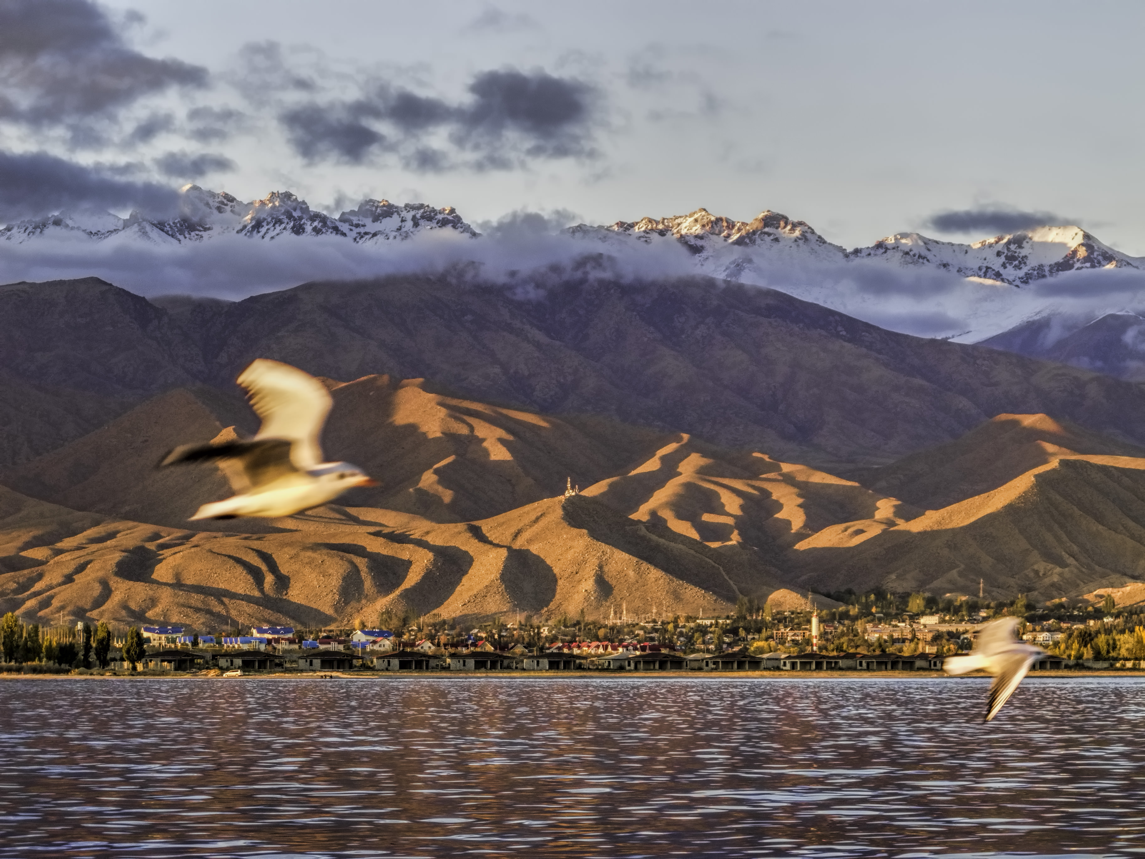 A lake with a village on the shore and mountains.