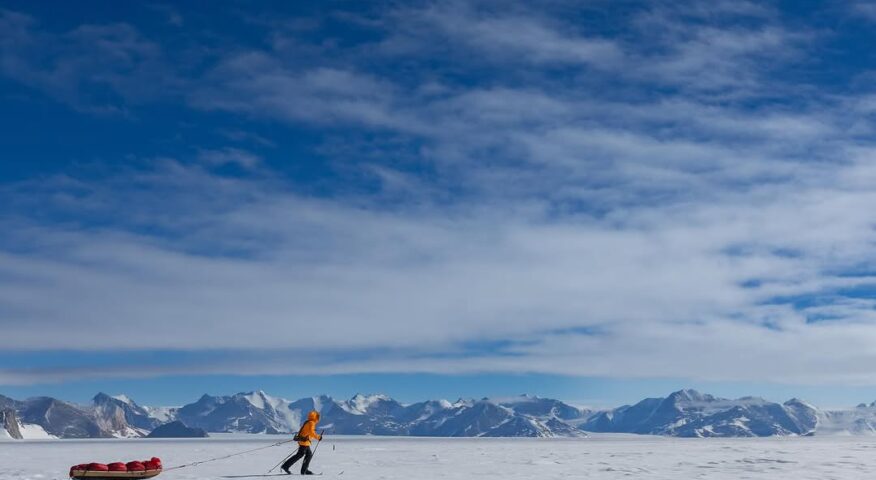 A woman pulling a sled in the Antarctic